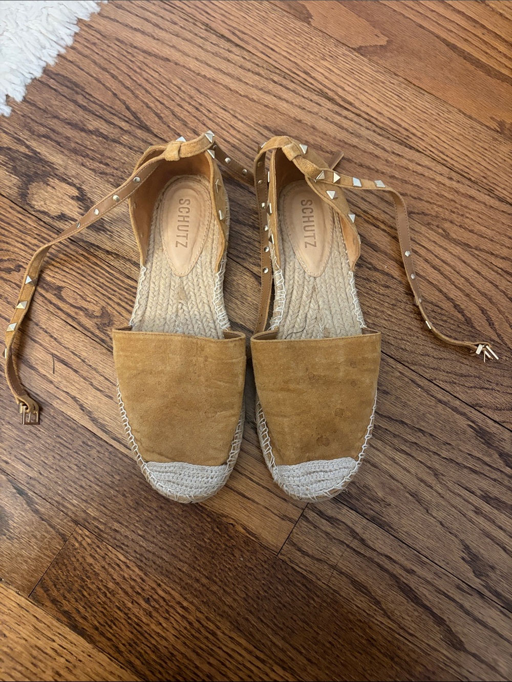 SCHUTZ Tan Suede Espadrille Lace-Up Flats with Studded Ankle Ties